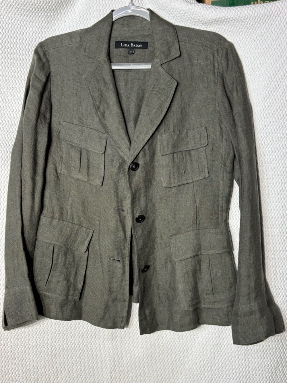LIDA BADAY Sz 8 Safari Utility Blazer Unlined 100% Linen Patch Pockets Slit Cuff